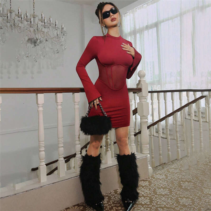 Women's 2024 Autumn New Fashion Sexy Long Sleeve Round Neck Backless Bodycon Dress f01