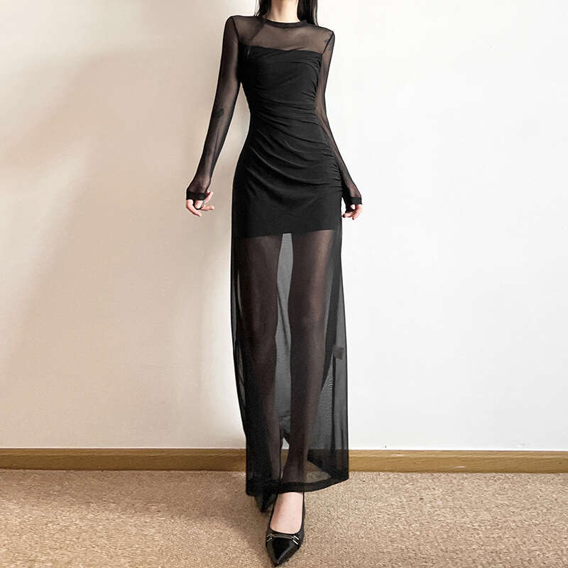2024 Spring New Women's Solid Color Slim High Waist Fashion Round Neck Long Sleeve Sheer Mesh Dress 0b9