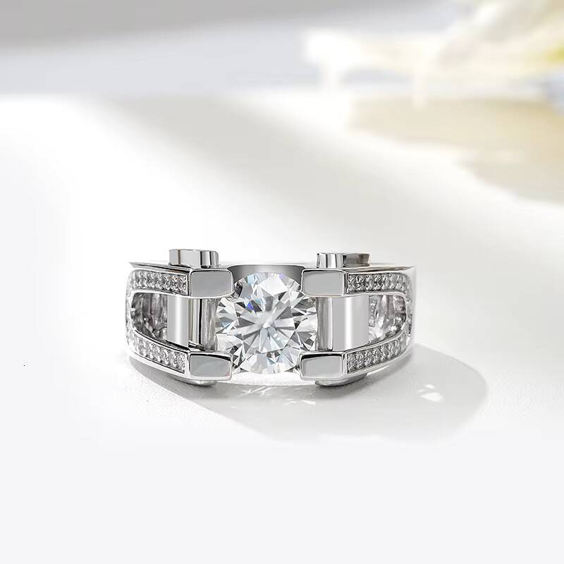 Round Cut Moissanite Men Ring Silver White Gold Men Ring Moissanite Solitaire Band Rings