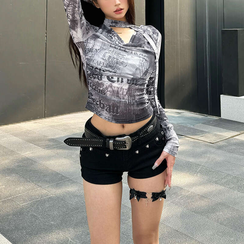 Women's Clothing 2024 Autumn Winter New Street Fashion Printed Long Sleeve V-Neck Slim Fit T-Shirt for Women 44d