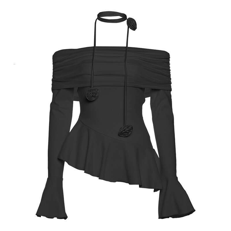 2023 Autumn Winter New Women's Street Fashion Solid Color Off-Shoulder Long Sleeve T-Shirt 710