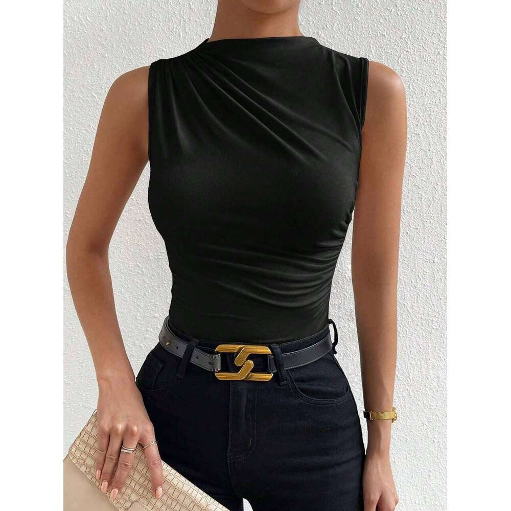 Casual Women's Mock Neck Ruched Tank Top Summer 2025 Solid Color Slim Fit Pleated Sleeveless T Shirt Tee Tshirt Streetwear