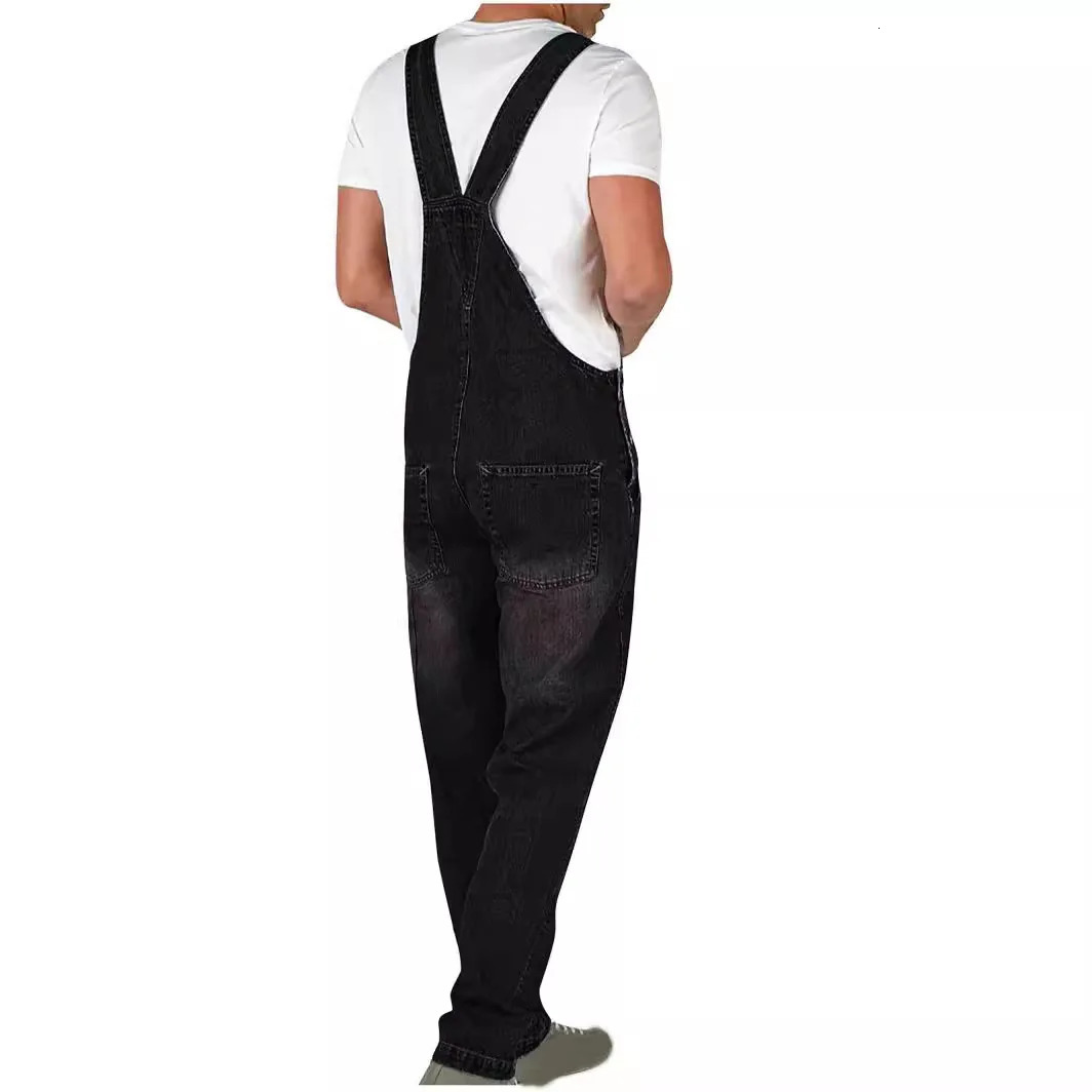 Overalls Jeans Men Ankle Length Jumpsuits Straight Pants Spliced Pockets Loose Vintage Wash Denim Casual Solid 250725