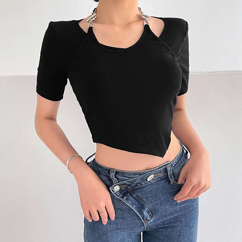 2022 Summer New Women's Solid Color Slim Fit Crop Top Street Fashion Halter Neck Short Sleeve T-Shirt 56a