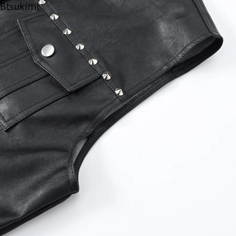2025 Mens Punk Style Leather Vest Vintage Black Sleeveless Motorcycle Waistcoat with Rivets Fashion High Street PU Jackets Male 250725
