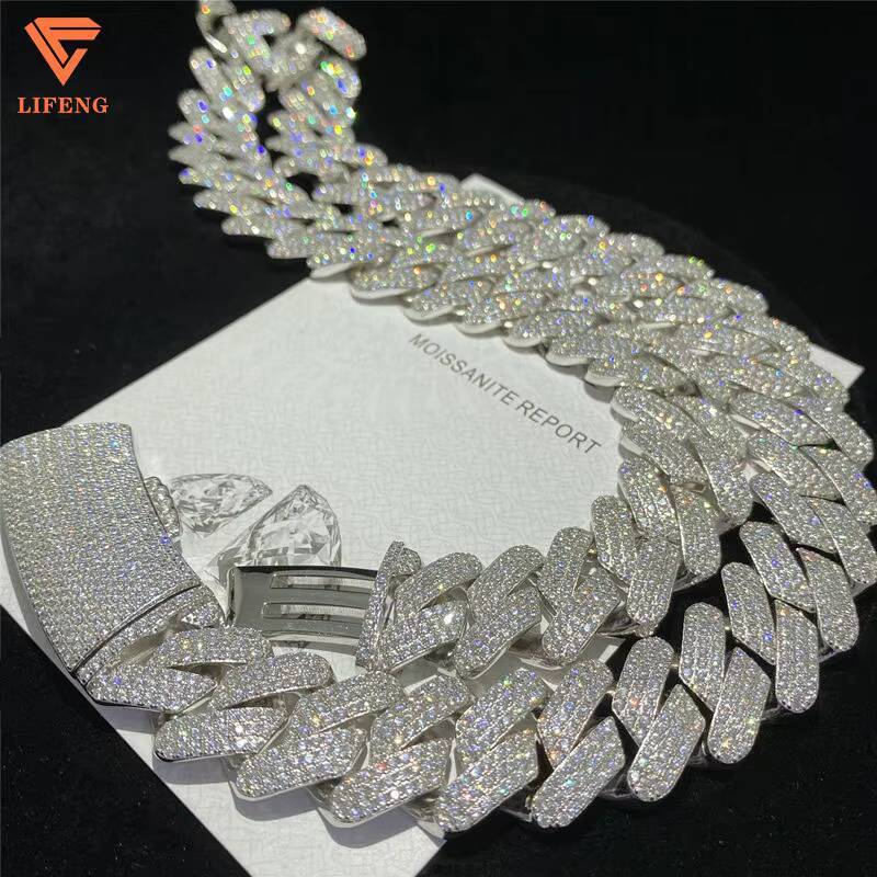 Full Iced out D Color VVS Moissanite Cuban Link Chain Necklace 925 Silver Hip Hop with Gold Plating Bling round Diamond
