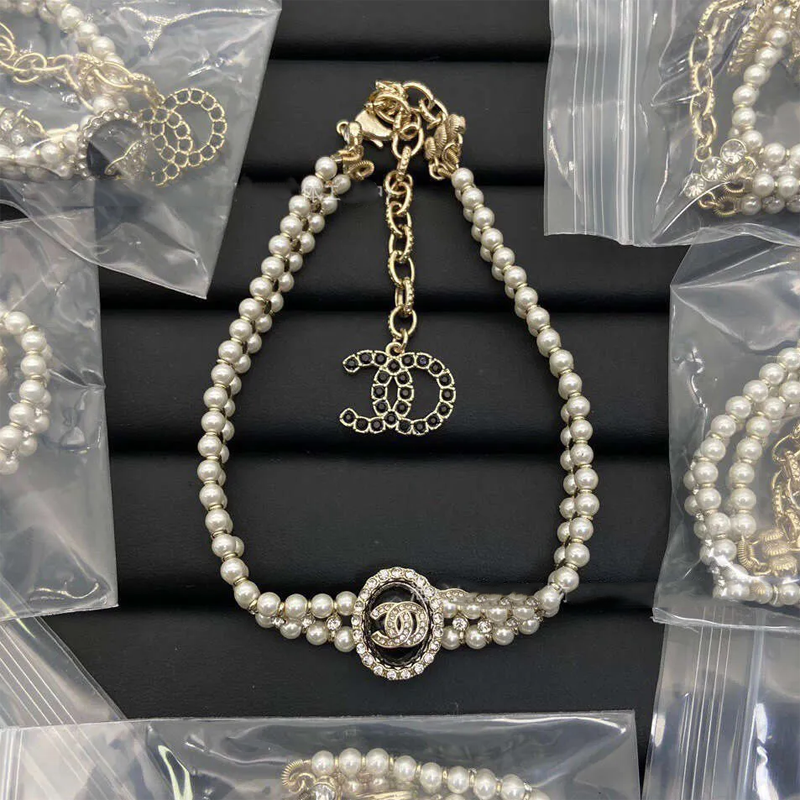 Pearl Inlaid Double C Necklace New Star Knit Clavicle Chain Grandma Style Pearlescent Choker
