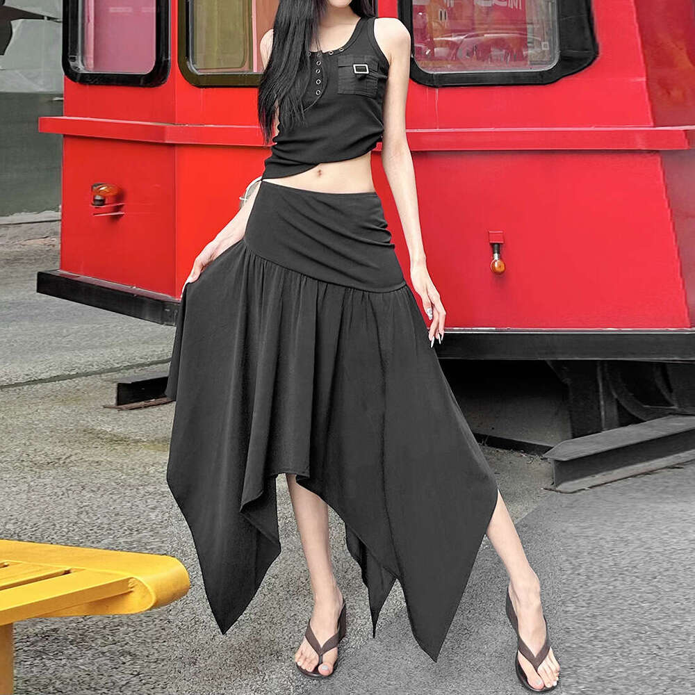 2025 Summer New Solid Color Casual Irregular Slim Fit Elegant High Waist Versatile Midi Skirt Women's Fashion e76