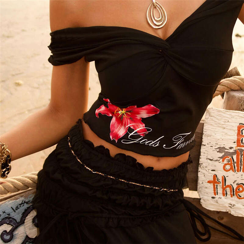 2025 Summer New Letter Print Off-Shoulder Slim Top High-Waisted Skirt Set for Women 7e3