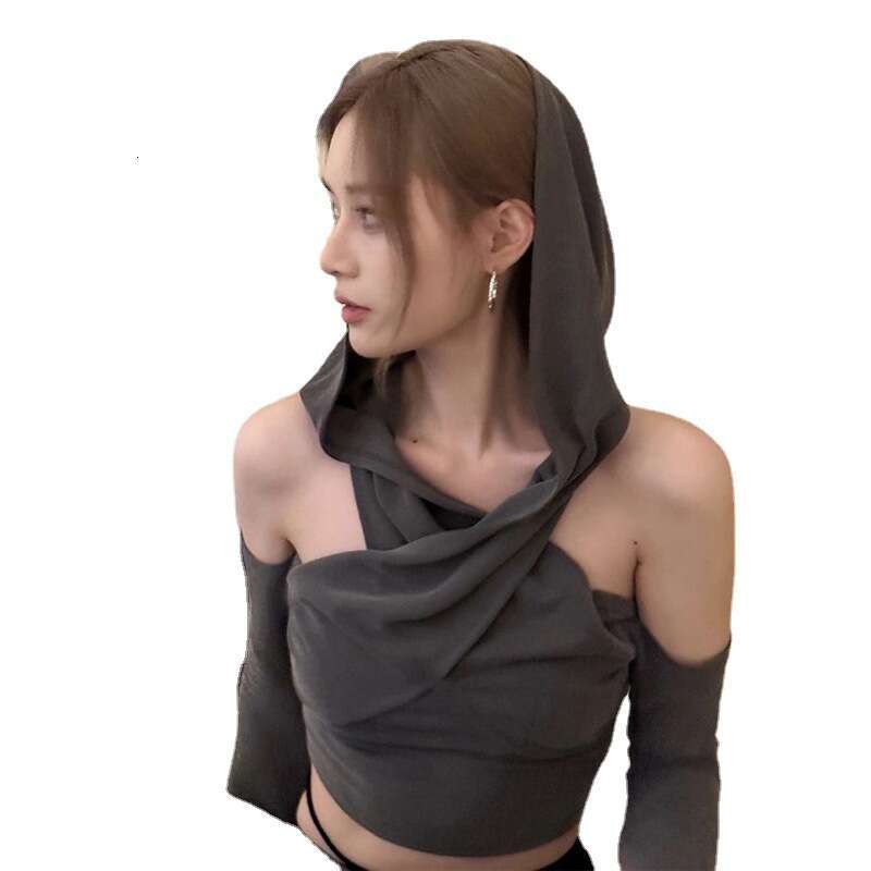 2023 Summer New Women's Solid Color Slim Fit Crop Top Street Fashion Hooded Long Sleeve T-Shirt ee7