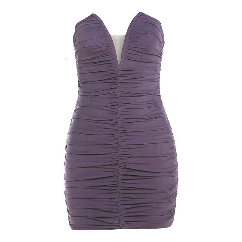 2024 Summer New Style Solid Color Sexy Strapless High Waist Bodycon Ruched Dress for Women 192
