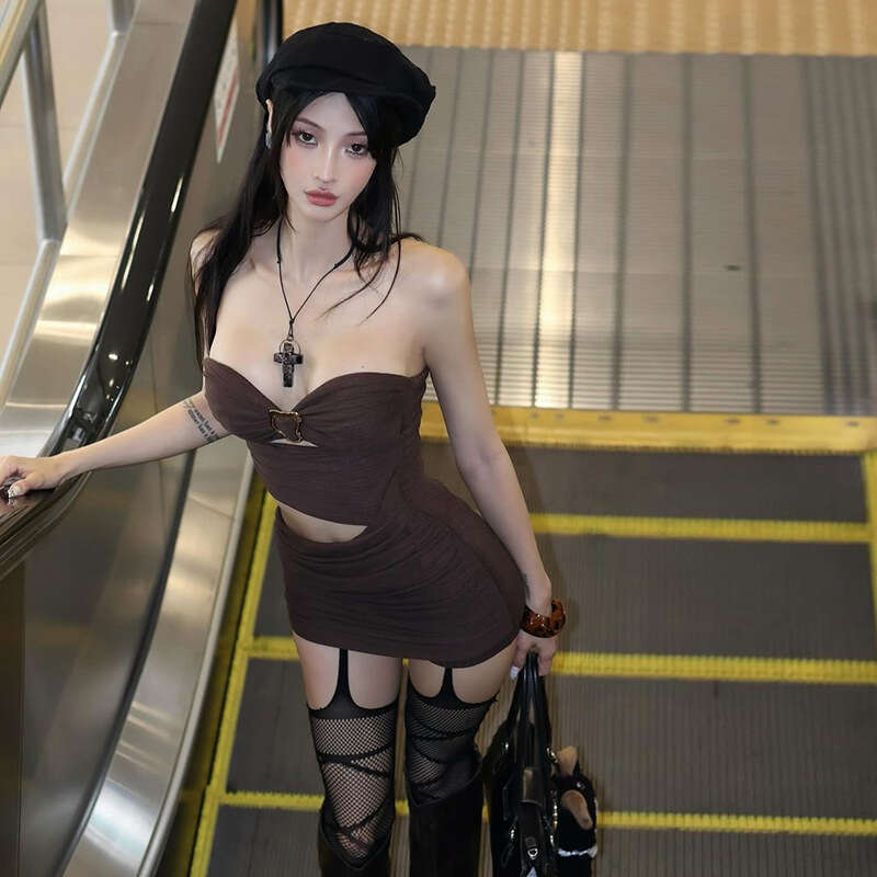 2025 Spring Summer New Women's Fashion Sexy Solid Color Tube Top Hollow Out Bodycon Dress be3
