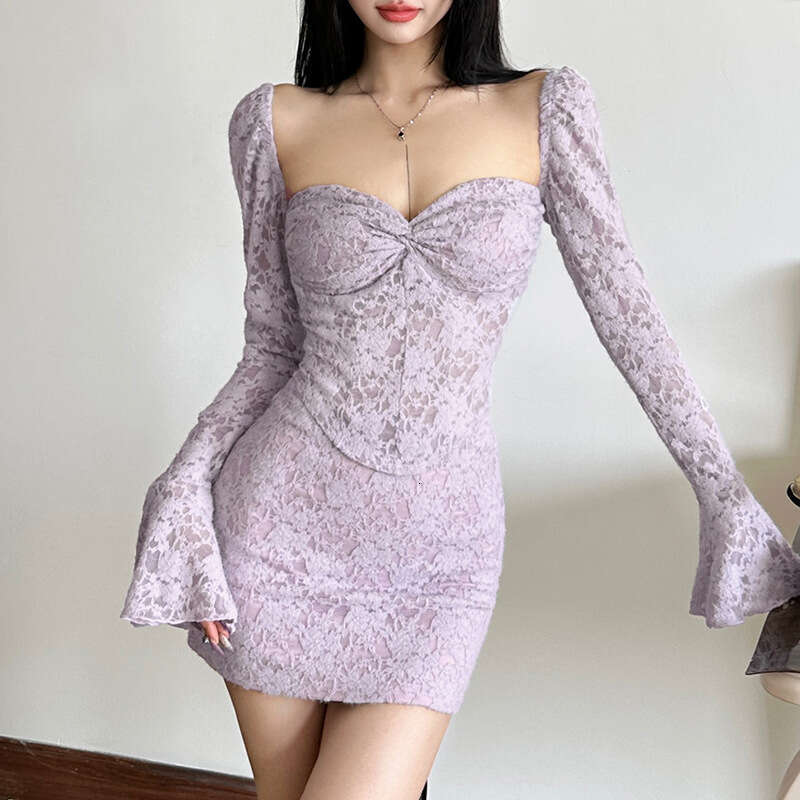 2024 Autumn Winter New Sexy Long Sleeve Square Neck Top High Waist Bodycon Skirt 03f
