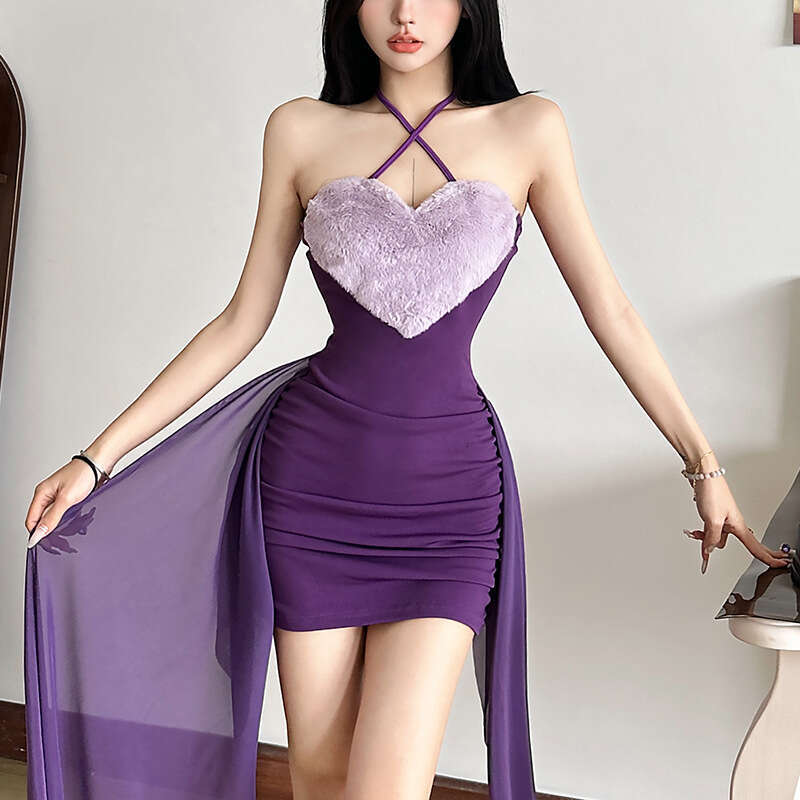 2024 Autumn Winter New Women's Solid Color Slim High Waist Bodycon Fashion Halter Neck Backless Dress b1f