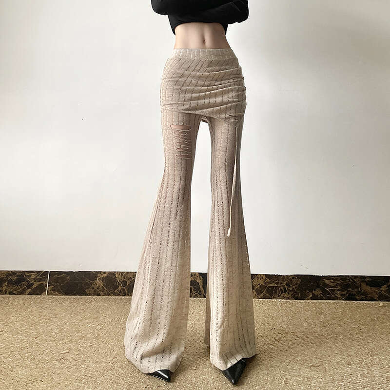2024 Autumn New Women's Solid Color Slim Street Fashion High Waist Casual Ripped Flared Pants b19