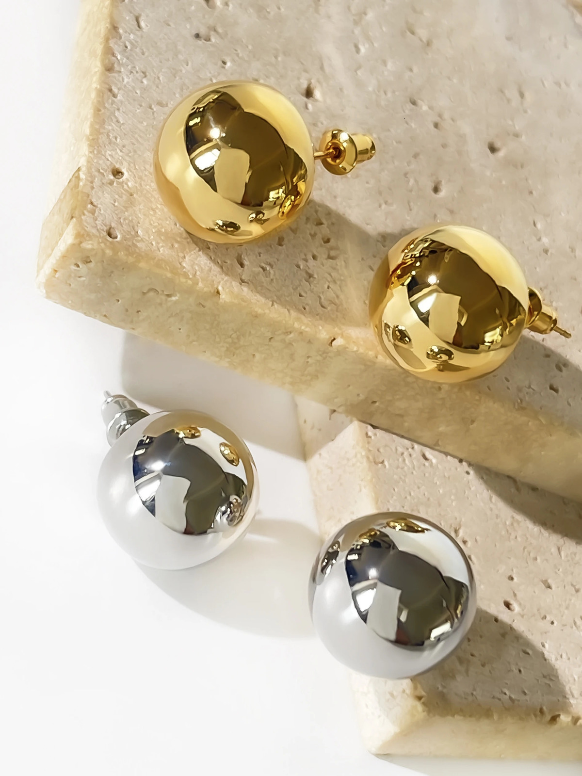 Perisbox Minimalist Gold Silver Plated Chunky Ball Stud Earrings for Women High Polish Thick Bold Sphere Dome Post Earring Gift 250722