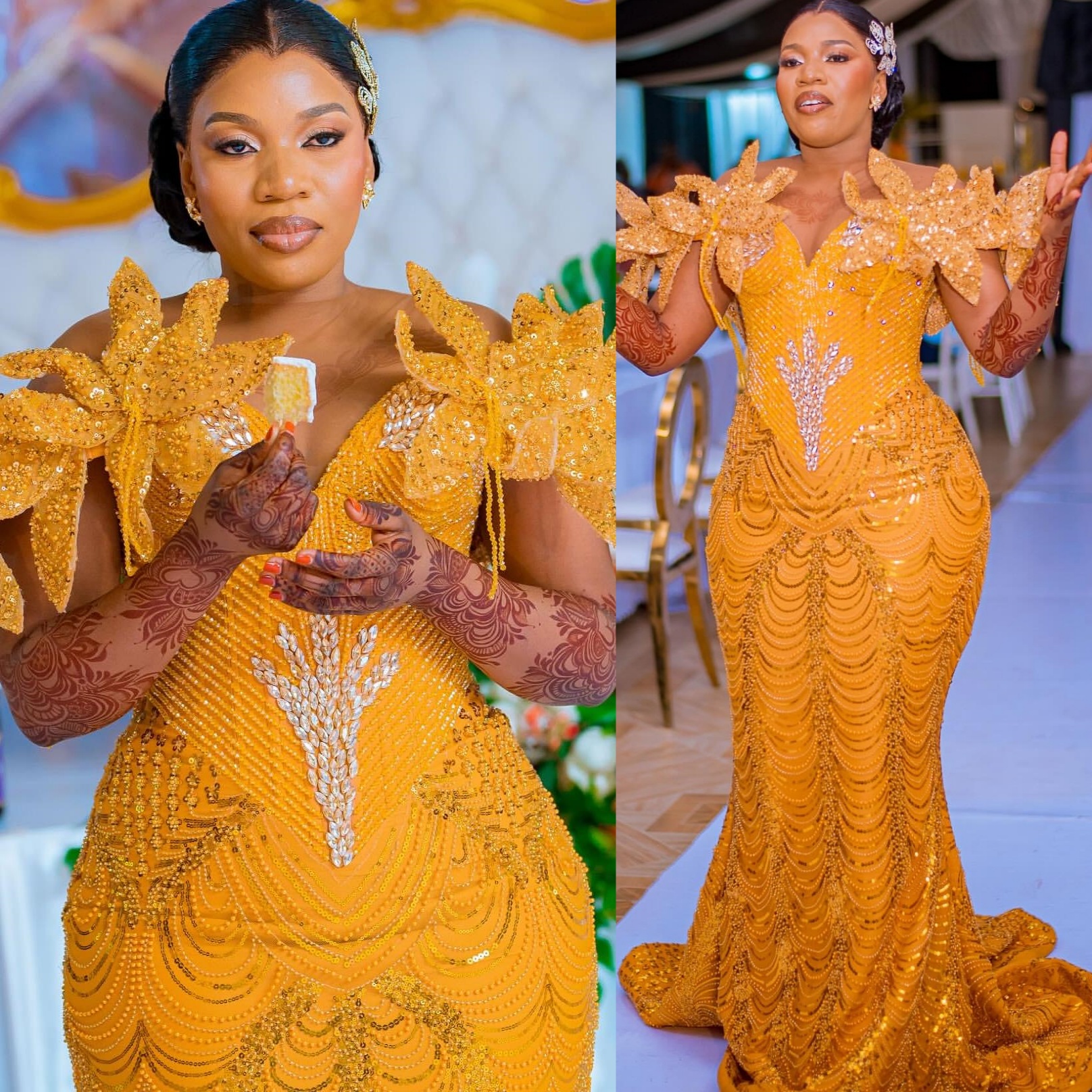 Mermaid Yellow Prom Dresses 2025 Flowers Crystals Sequined Evening Formal Party Second Birthday Engagement Gowns Plus Size Dress For Special Occasions