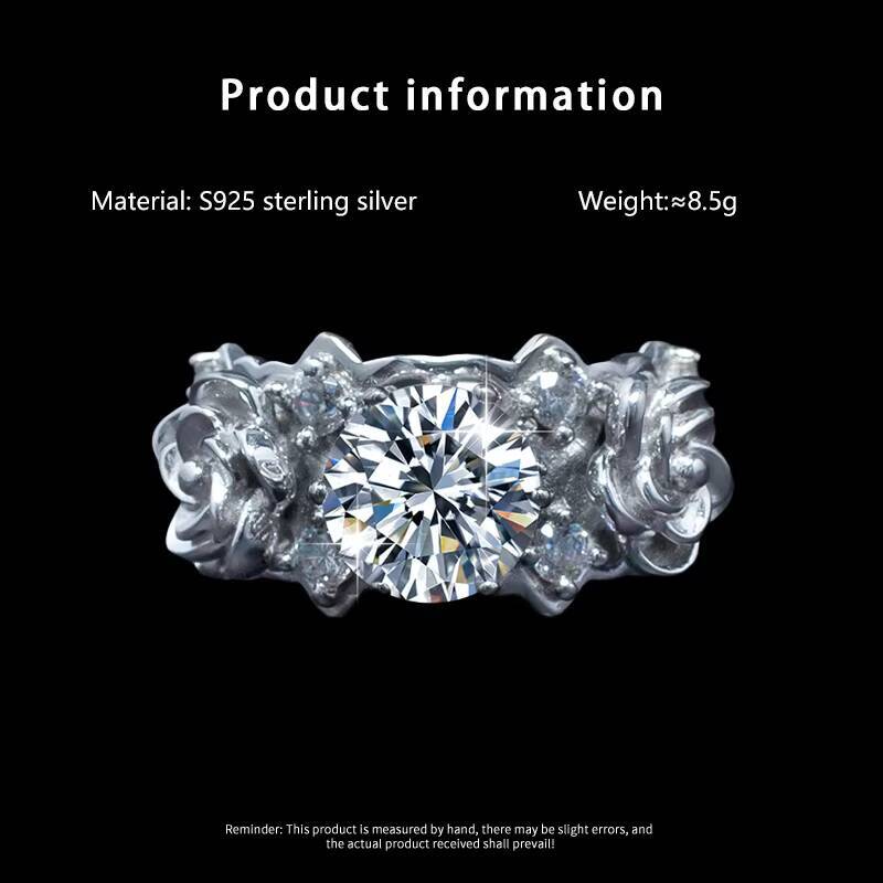 Exclusive Design Luxury Rose 3D Carving Inlaid 1CT Moissanite S925 Sterling Silver Engagement Wedding Proposal Womens Ring