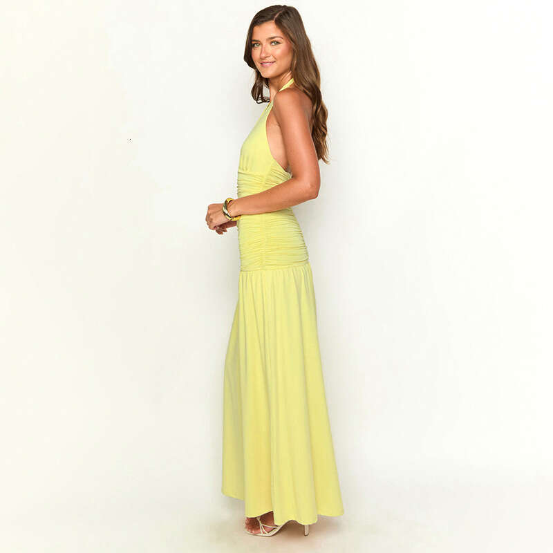 Y25ds069 Women's Spring Summer New Elegant Halter Neck Long Sexy Slit Dress B5