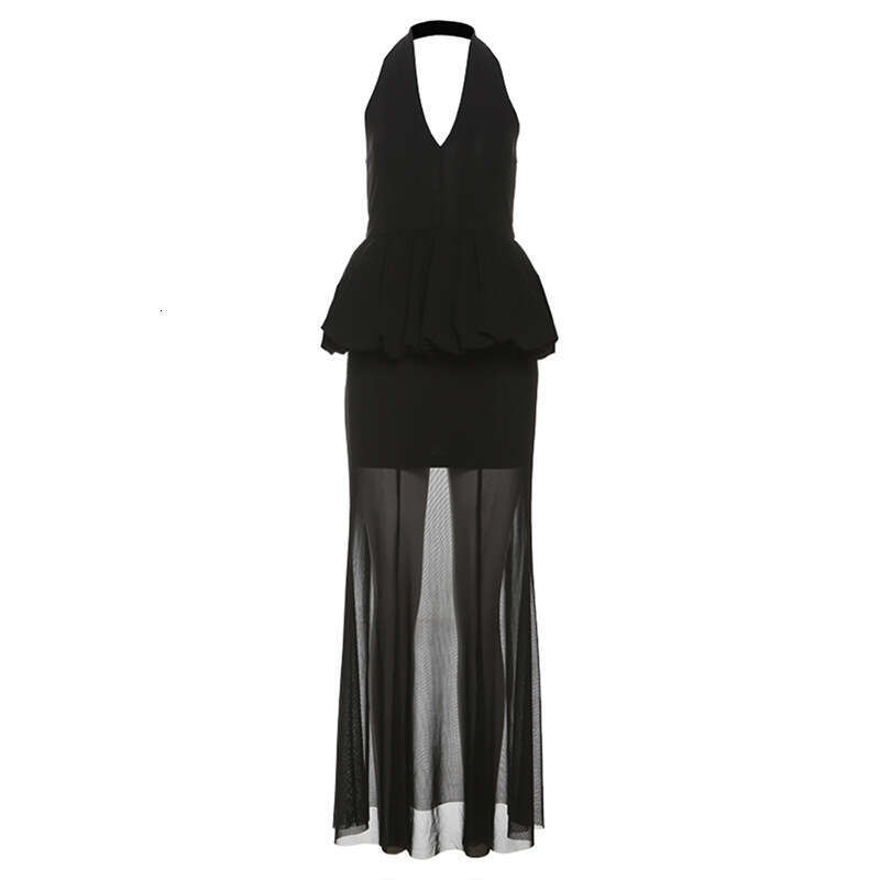 2025 Summer New Women's Solid Color Sexy Halter Neck Backless Waist-Cinching Bodycon Sheer Dress fc9