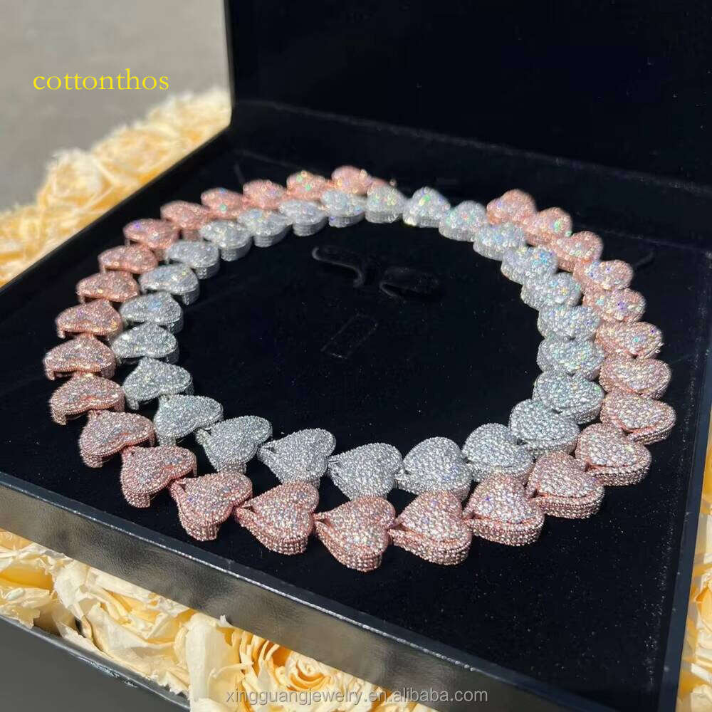 Customized Real Gold Plated Bubble Heart Cuban Link Sier Iced Out Moissanite Charms Fashion Chain Necklace