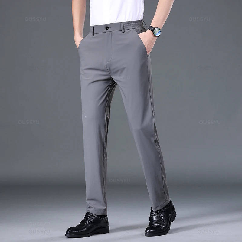 Summer Good Stretch Smooth Trousers Men Business Elastic Waist Korean Classic Thin Black Gray Blue Casual Suit Pants Male 250725