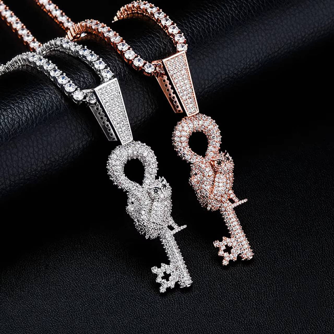 Luxury 925 Sterling Silver Moissanite Owl Skeleton Key Pendant Necklace New Hip Hop Style for Men and Women