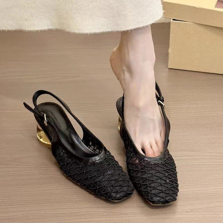 Designer sandals French Style Elegant Square Toe Woven Closed Back Sandals for Women 2025 New Design Sense with Dress Crystal Heel Single Shoes