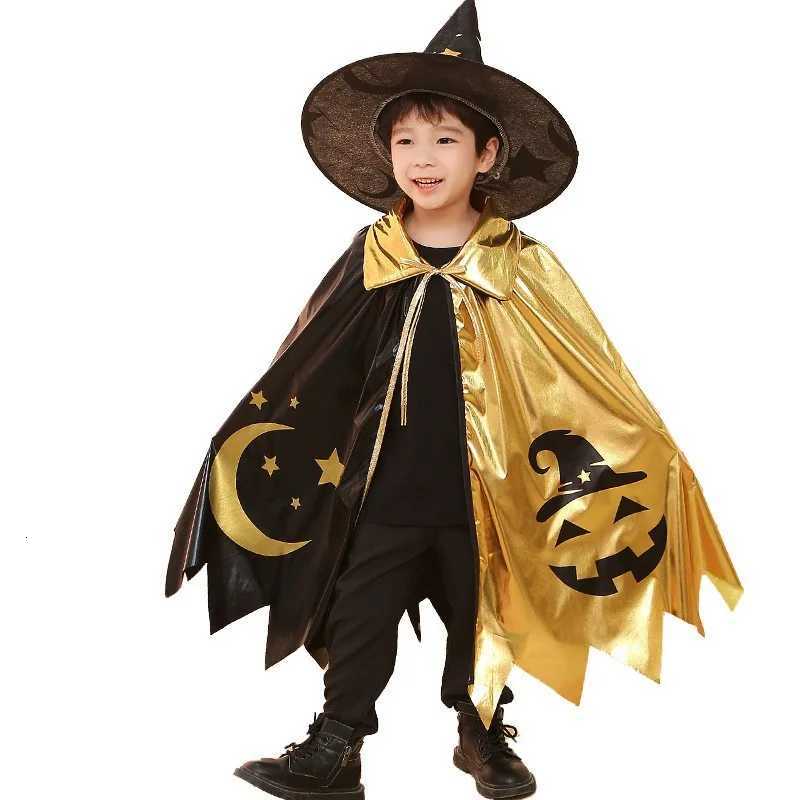 Kids Halloween Unisex Witch Cosplay Cloak + Witch Hat 2 Piece Costume Carnival Par Fancy Gold Black Color Blocking Dress Cape Z250725