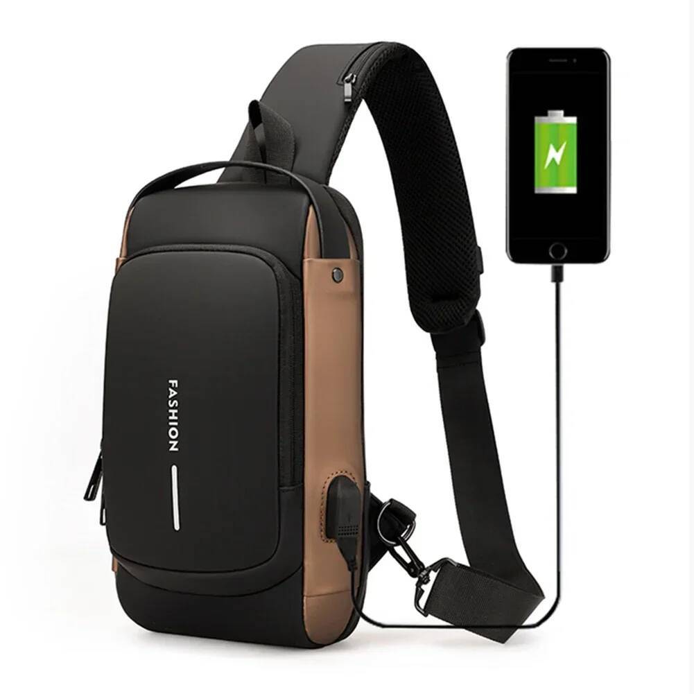 NEW Men Fashion Chest Anti-Theft Tape Portable Backpack With USB Charging Port Male PU Shoulder Outdoor Sports Crossbody Bag