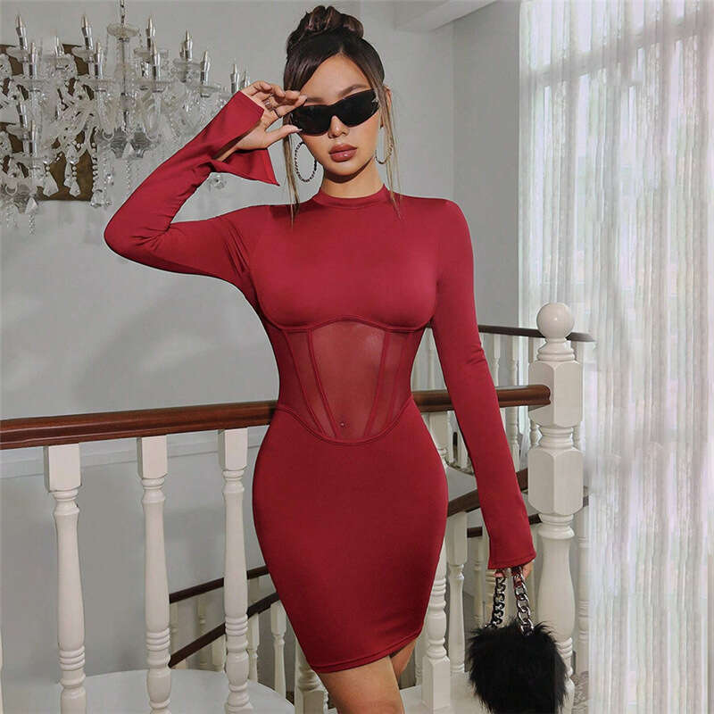 Women's 2024 Autumn New Fashion Sexy Long Sleeve Round Neck Backless Bodycon Dress f01