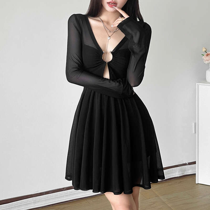 2024 Autumn New Women's Solid Color Slim Fit Fashion V-Neck High Waist Long Sleeve Dress eef