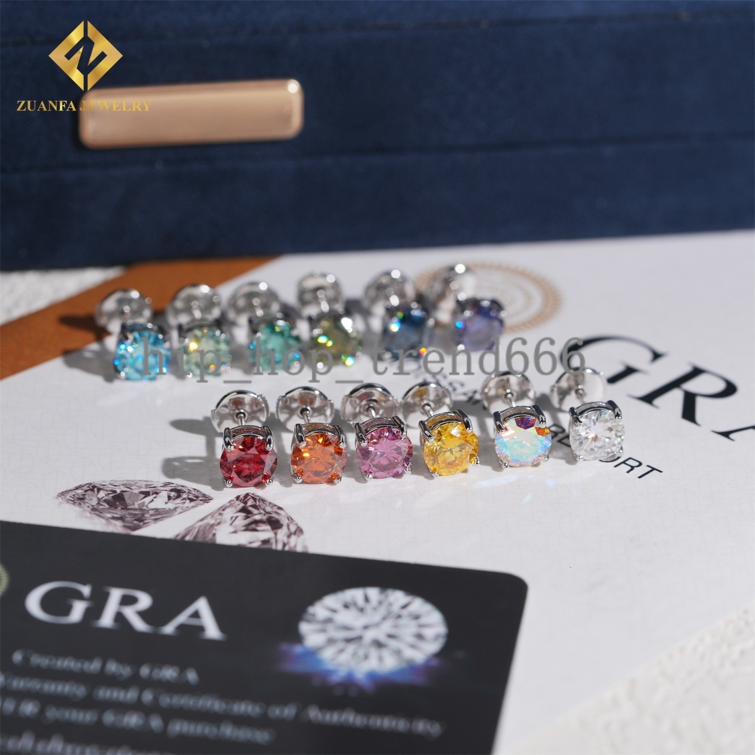 New Stock 12 Color Moissanite Diamond Stud Earring Iced Out 1ct Round Brilliant Cut 925 Silver Hip Hop Earrings