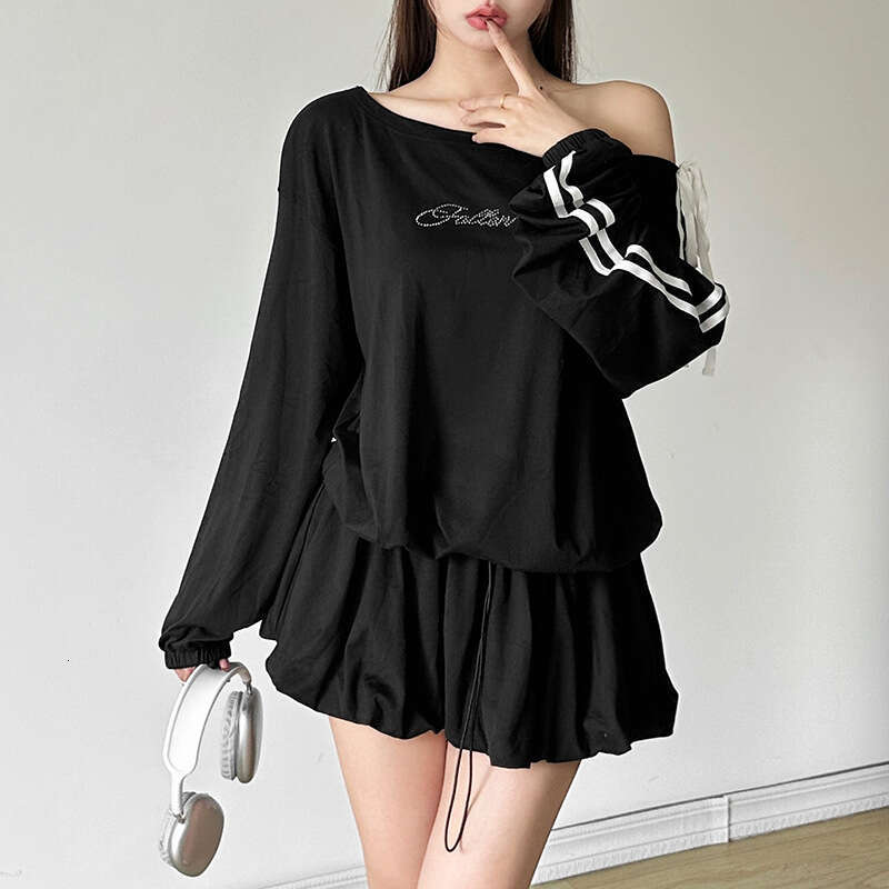 2024 Autumn New Women's Solid Color Loose Street Fashion Asymmetrical Neck Rhinestone Long Sleeve Dress ff9