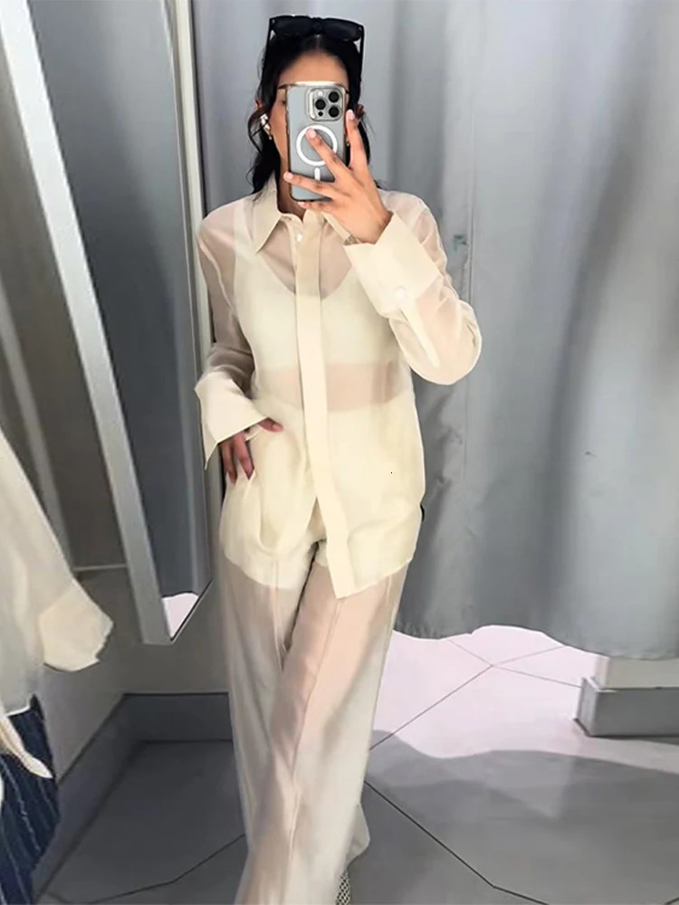 Sexy See Through Silk Set Women Elegant Blazer Coat Loose Shirt Wide-leg Pants Female Suit Summer Street Lady 3-piece Sets 250723