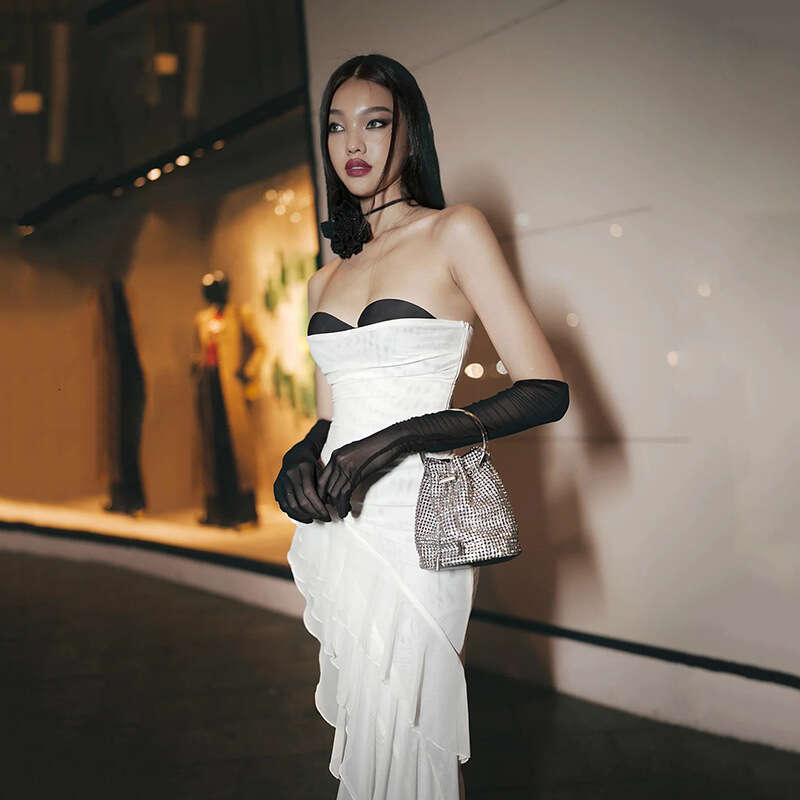 2024 Autumn New Women's Solid Color Slim High Waist Fashion Off-Shoulder Tube Dress 05e