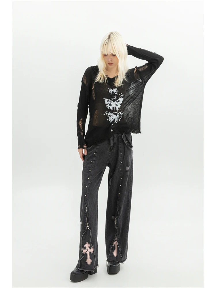 Women Clothing Black Gothic Jeans 90s Aesthetic Y2k Oversize Denim Trousers Vintage Harajuku Korean Emo 2000s Trashy Jean Pants 250717