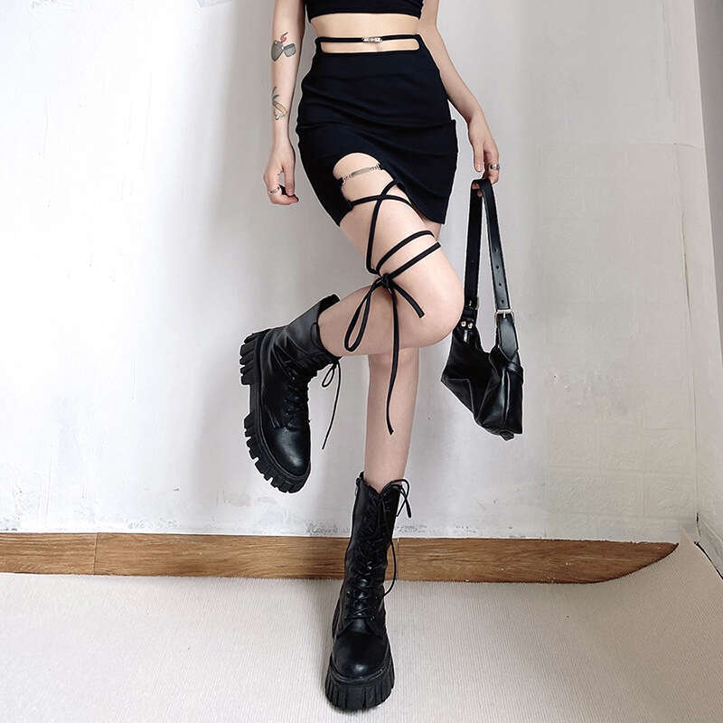 2022 Summer New Women's Solid Color Slim High Bodycon Street Fashion Tie Waist Skirt 6e0