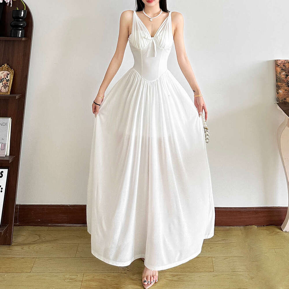 2025 Summer New Elegant Slim Waist Sexy V-neck Backless Strap Long Dress Women's Fashion c18