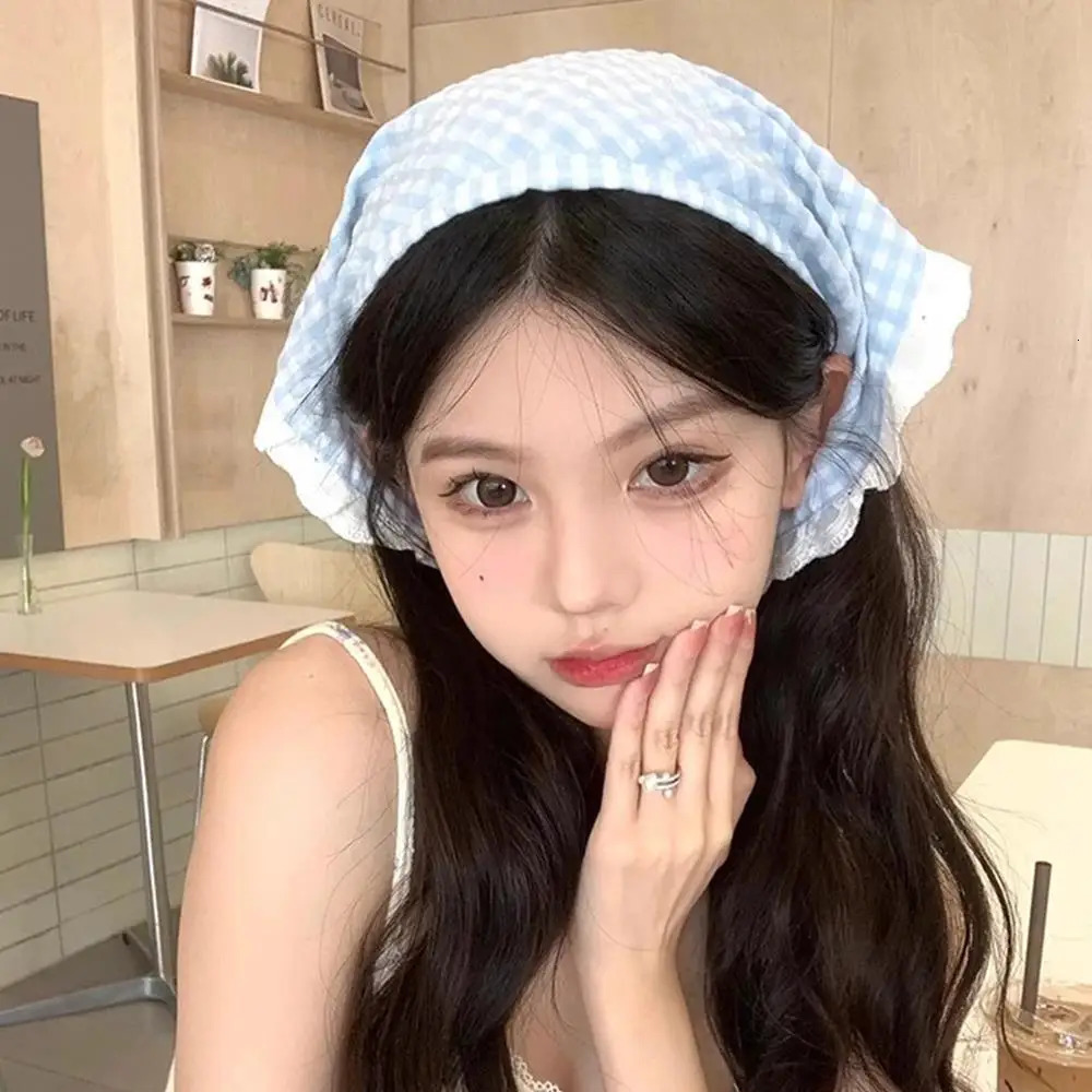 Lace Checkered Headbands Lace Triangle Turban Bandanas Plaid Triangular Headscarf Hairband Po Decoration Hair Accessories 250723