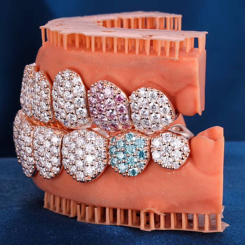 100% Passed Diamond Tester Custom Perm Cut Top Bottom 4 6 8 10 S925 Silver VVS Moissanite Grillz Solid Rose Gold Teeth Grillz