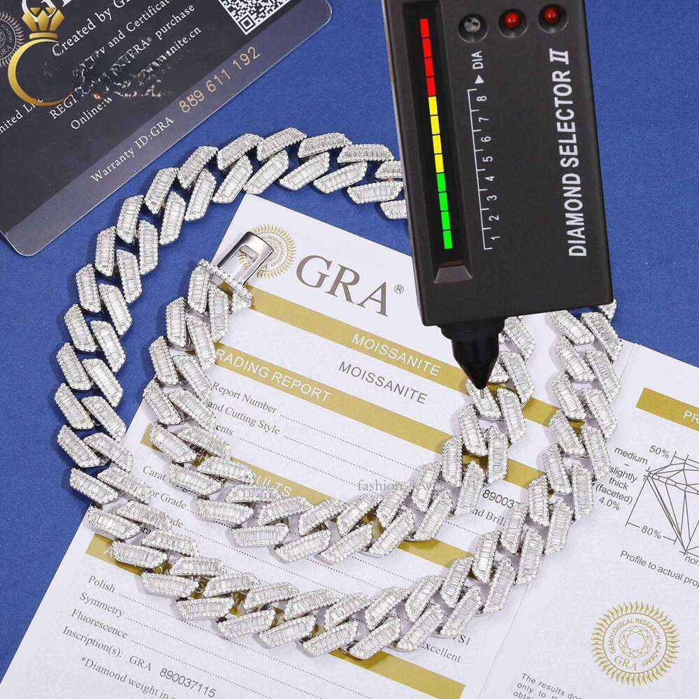 Pass Tester 14mm Baguette Moissanite Cuban Link Chain Sterling Sier VVS Mossanite Dia Iced Out Mens Necklace