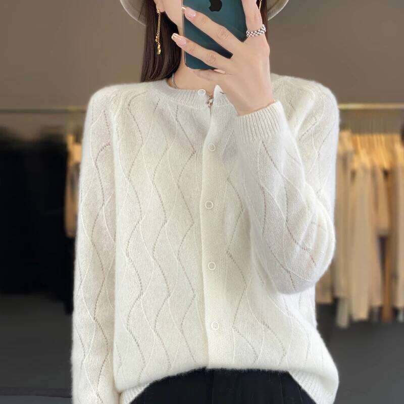 100% Pure Wool Women's Round Neck Cardigan Wave Hollow Cashmere Jacket Thin Knit Loose Versatile Sweater MDNG