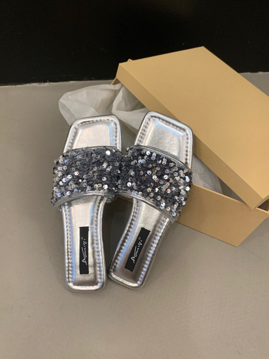 Ddmysports French Style Fairy Shoes One Strap Large Size Flat Sandals Black Spring Summer Women Sequin Low Heel Slippers Outdoor Shoes