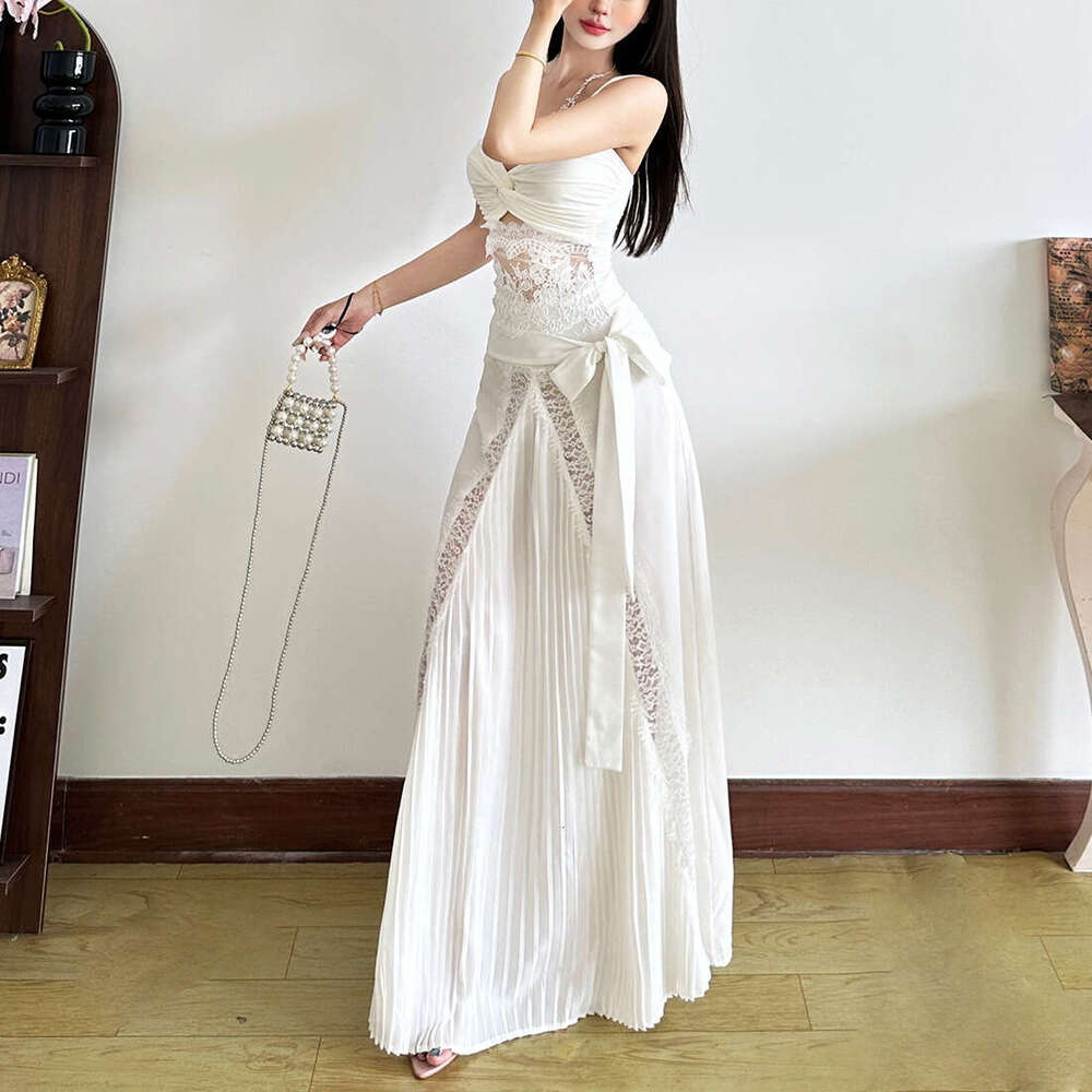2025 Summer New Trend Lace Sleeveless Top High Waist Slim Fit Elegant Bodycon Long Skirt Set 10b