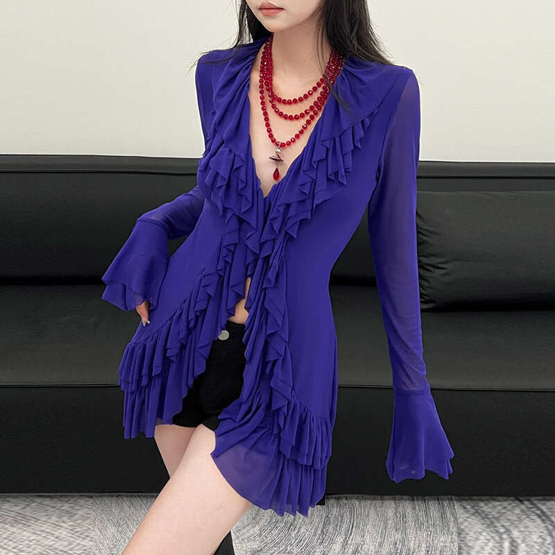 INS Style 2024 Autumn New Women's Solid Color Slim Street Fashion V-Neck Long Sleeve Sheer Top a1d
