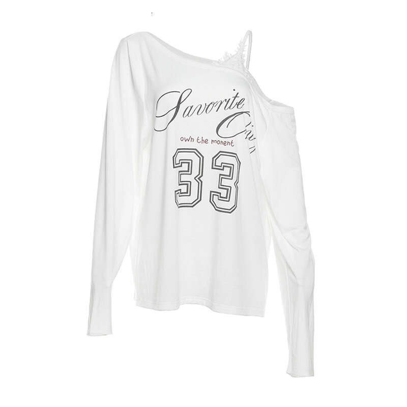 2024 Autumn New Women's Solid Color Loose Street Style Fashion Asymmetrical Neck Printed Long Sleeve Top 11f