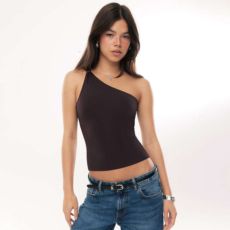 Y25tp2 Women's Summer New Solid Color Asymmetrical Neck Single Shoulder Metal Decorated Vest Top For Women B5