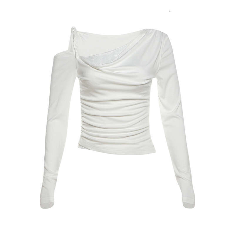 2024 Autumn New Women's Solid Color Slim Street Fashion Asymmetrical Neck Long Sleeve Ruched Top 06c
