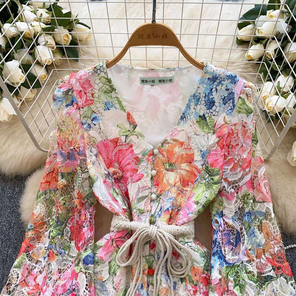 Elegant Hollow Out Short Evening Dresses Women Summer Autumn Holiday Long Lantern Sleeve Fancy Flower Party Dress Shirt